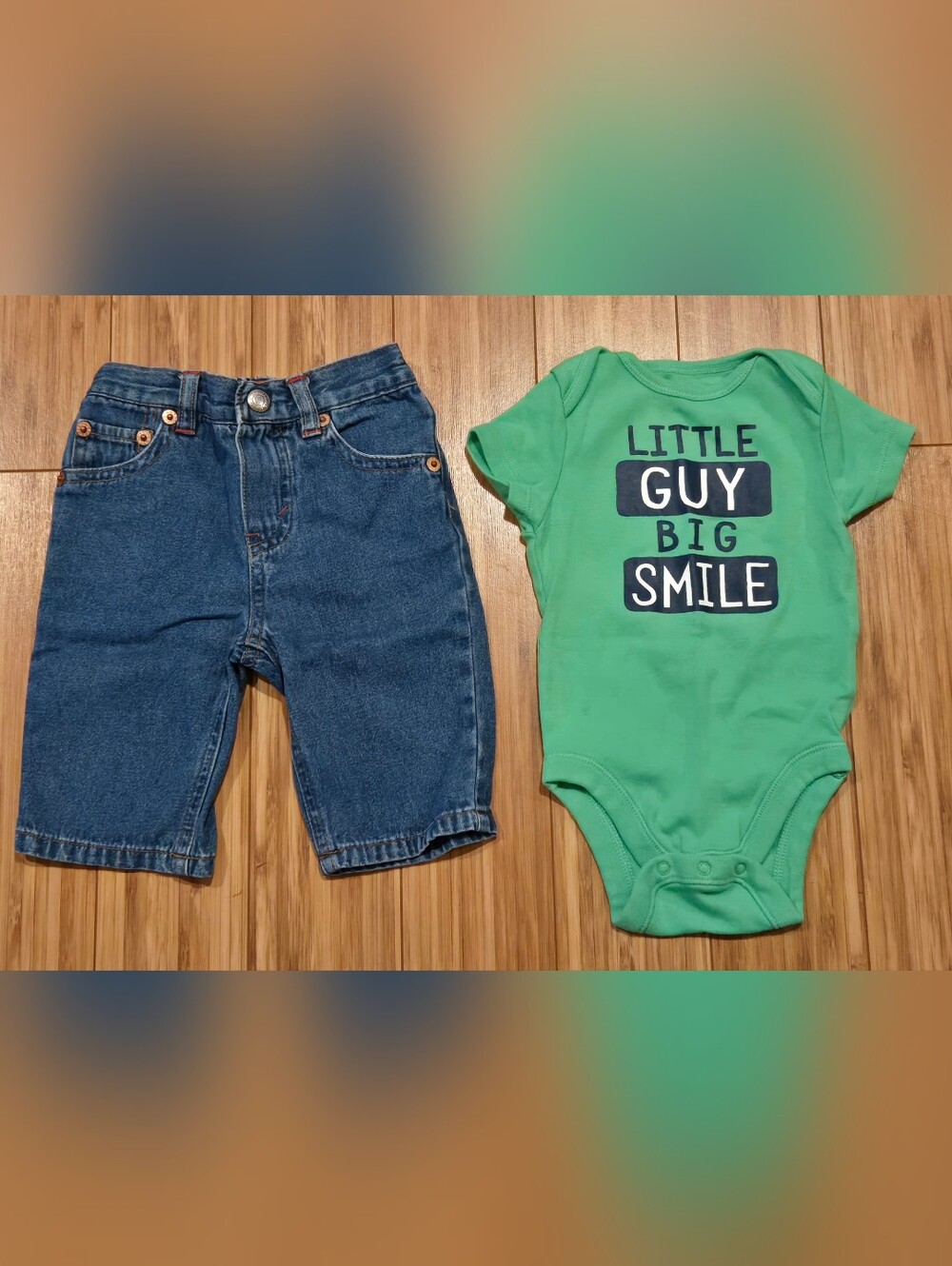 Old Navy Green "Little Guy Big Smile" Baby Bodysuit With Levi Jeans
